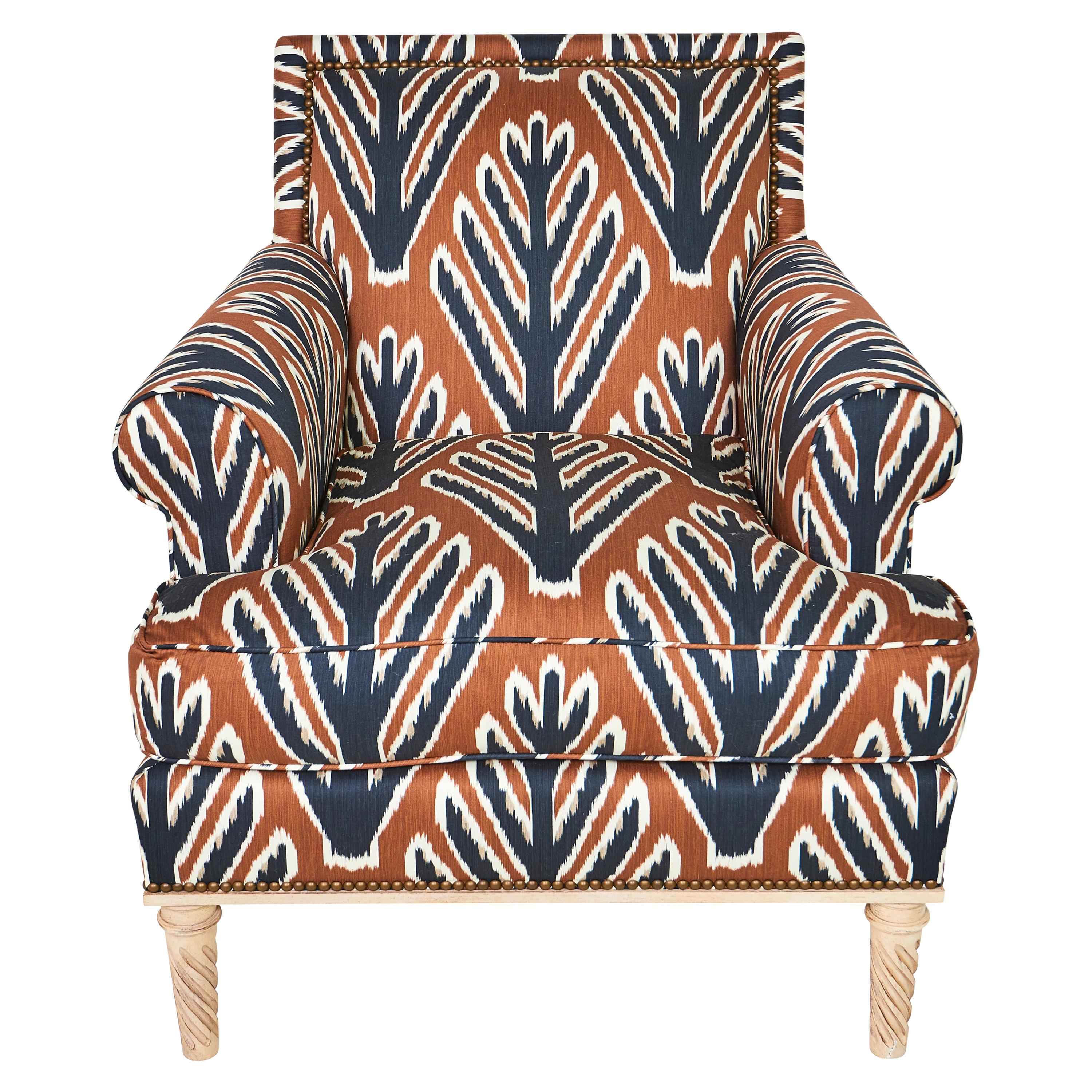 Schumacher Jansen Sock Arm Chair Upholstered in Bodhi Tree Fabric For Sale