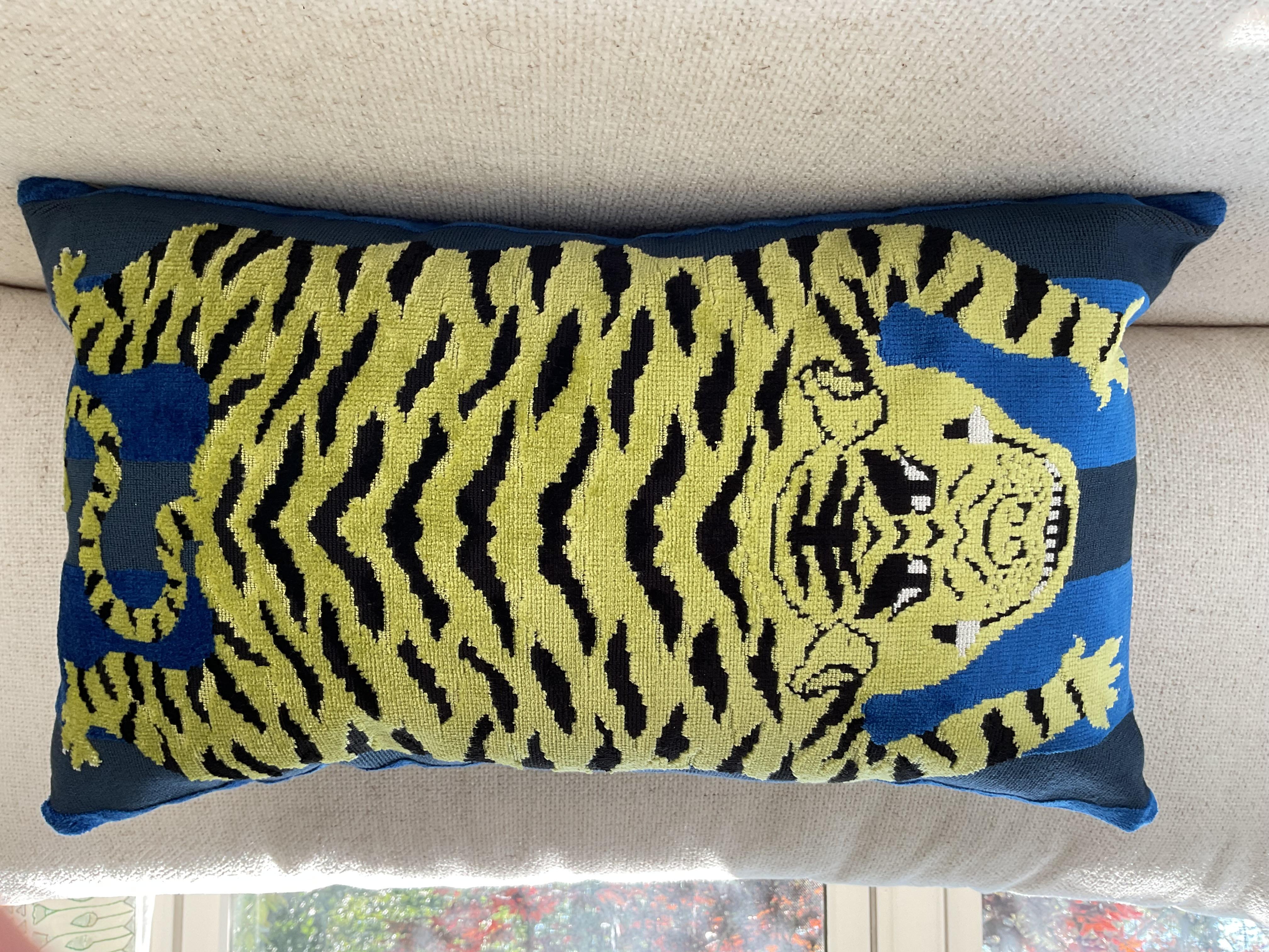 Art Deco Schumacher Jokhang Tiger in blue down filled pillow measuring 12 x 20 For Sale