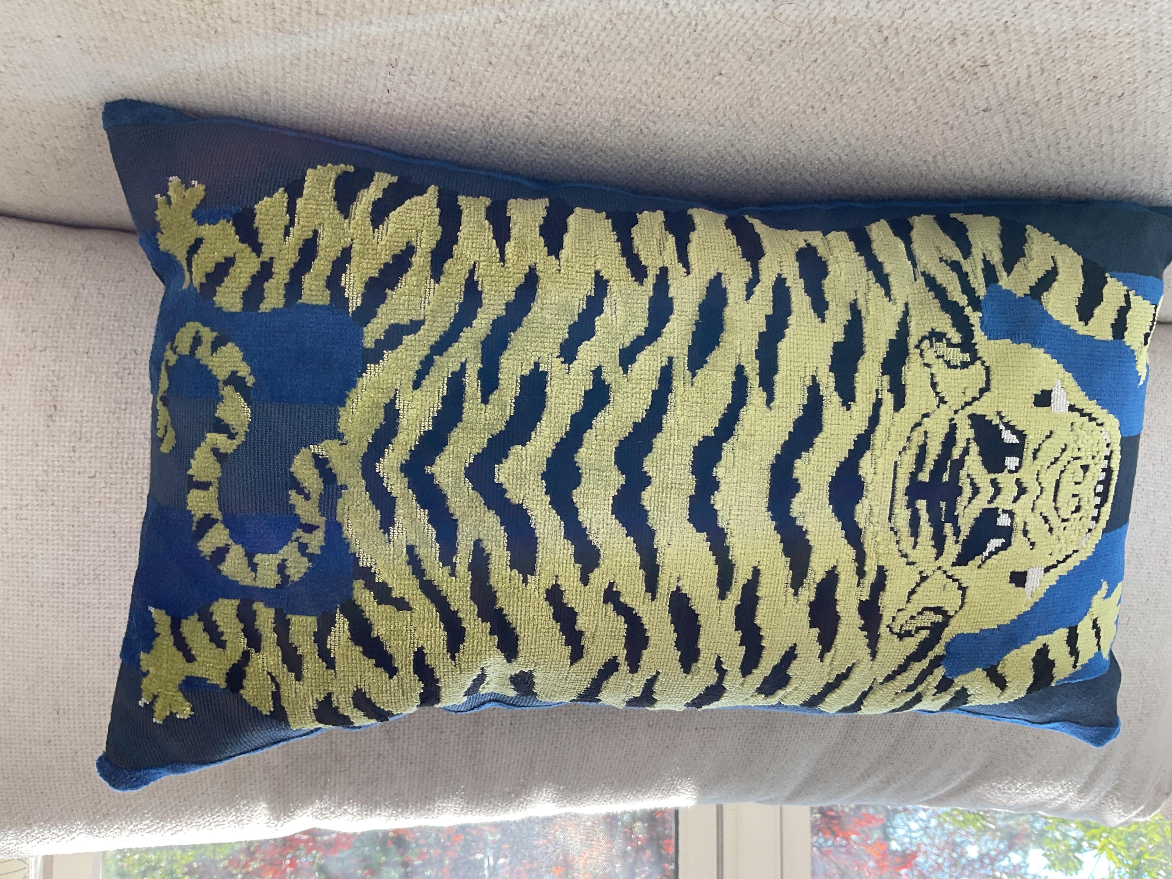 American Schumacher Jokhang Tiger in blue down filled pillow measuring 12 x 20 For Sale