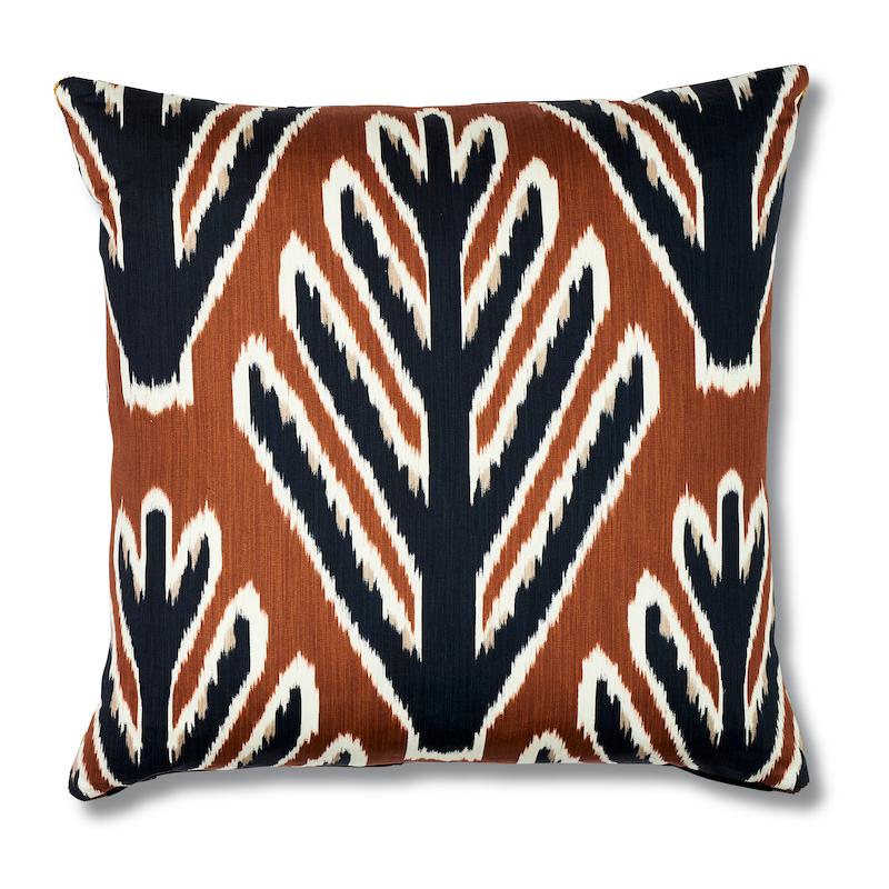 This pillow features Jokhang Tiger Velvet (Item# 77232, JOKHANG TIGER VELVET Fabric) by Johnson Hartig/Libertine for Schumacher with a welt finish. Back of pillow is Gainsborough Velvet. Hartig takes the Tibetan tiger motif and recasts it as a