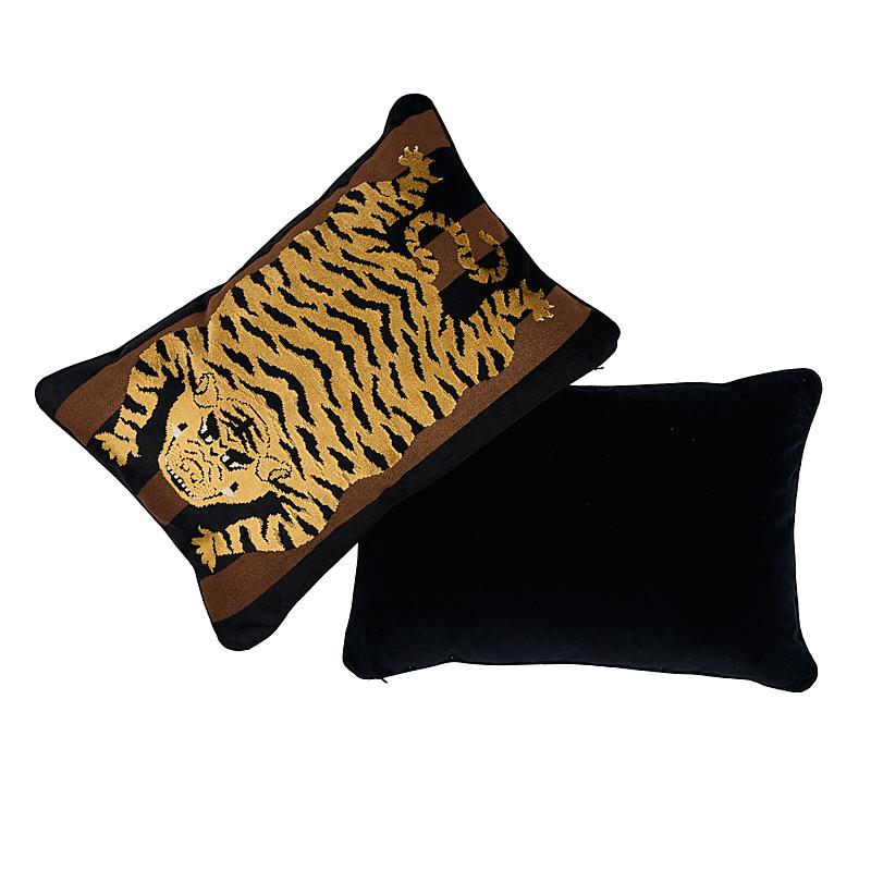 This pillow features Jokhang Tiger Velvet (Item# 77232, JOKHANG TIGER VELVET Fabric) by Johnson Hartig/Libertine for Schumacher with a welt finish. Back of pillow is Gainsborough Velvet. Hartig takes the Tibetan tiger motif and recasts it as a