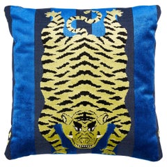 Schumacher Jokhang Tiger Velvet in Blue 18" Pillow