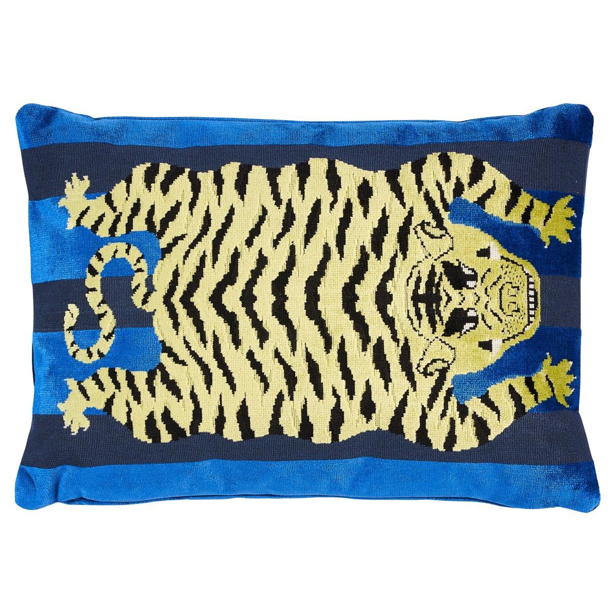 Schumacher Jokhang Tiger Velvet in Blue 20 x14" Pillow For Sale
