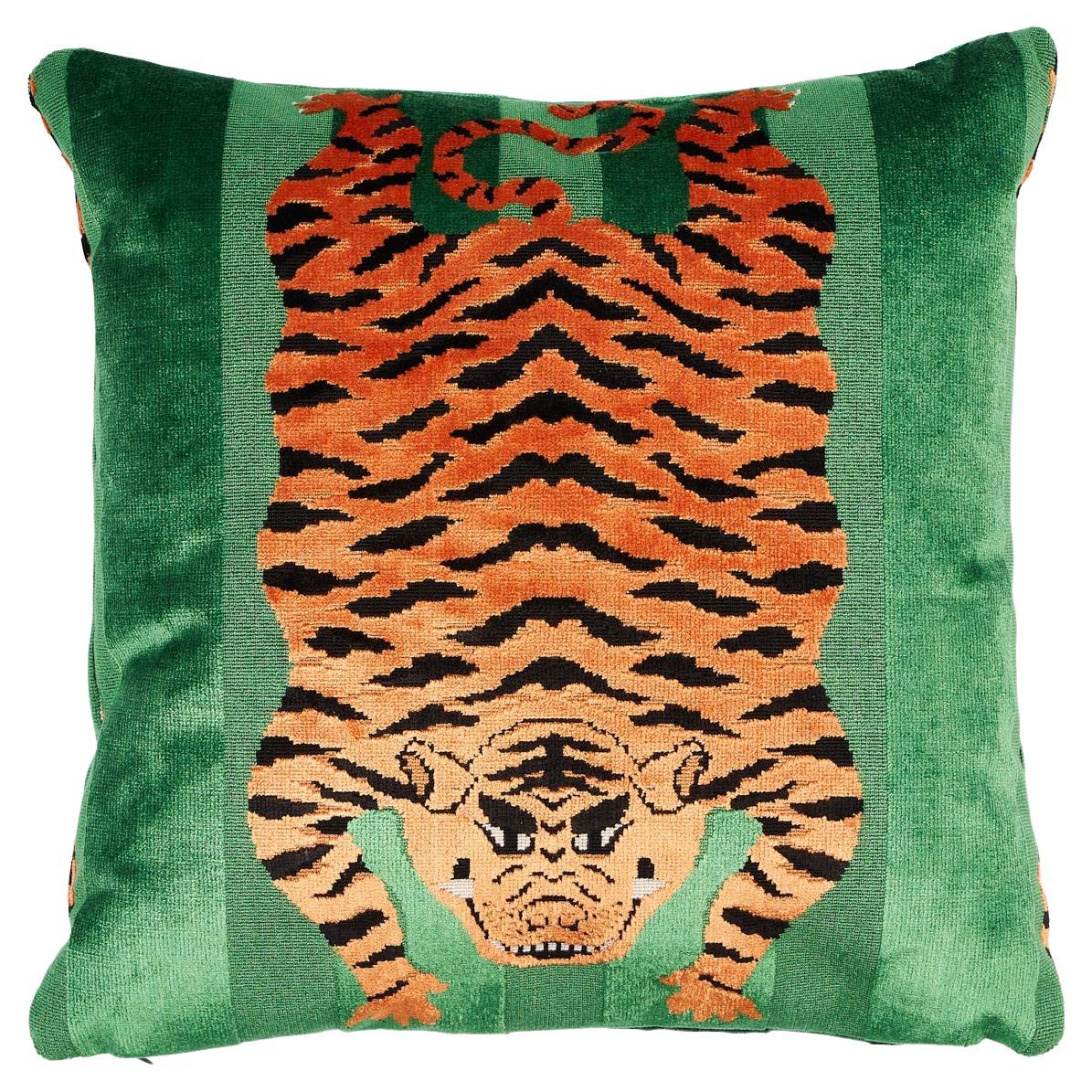 Schumacher Jokhang Tiger Velvet in Green 18" Pillow For Sale