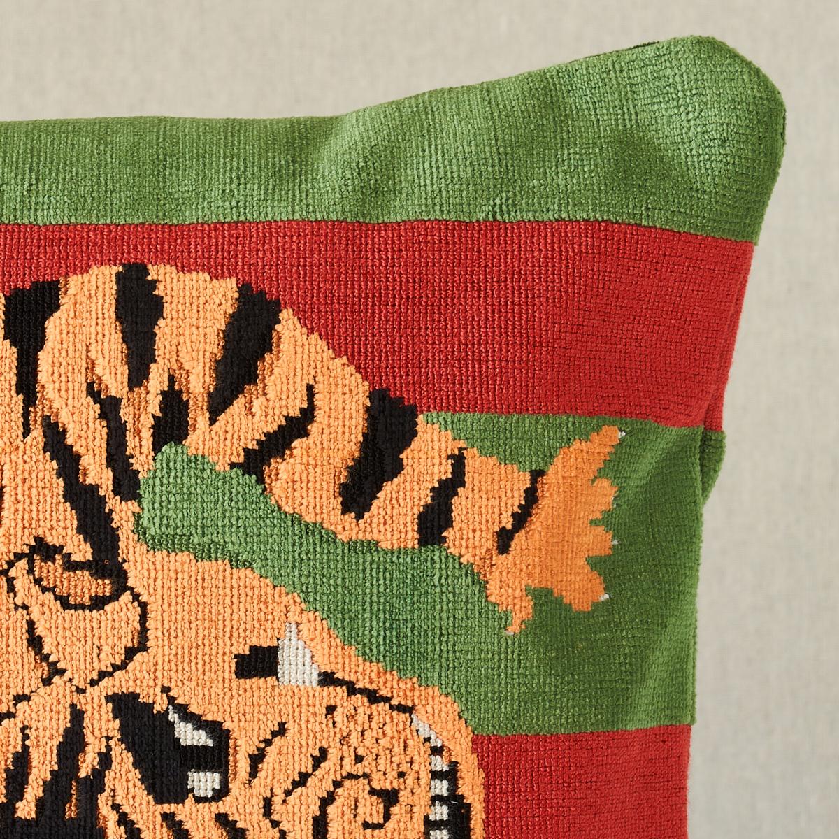 This pillow features Jokhang Tiger Velvet by Johnson Hartig/Libertine for Schumacher with a knife edge finish. Designed by Johnson Hartig, the Tibetan tiger motif is recast as a multi-dimensional stripe on a lush velvet that can easily work in a