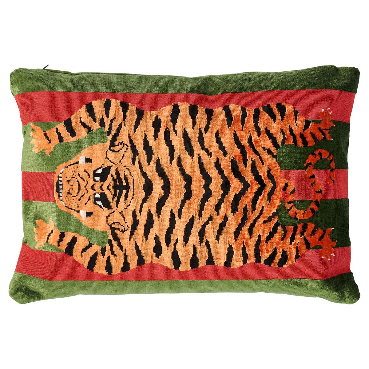 Schumacher Jokhang Tiger Velvet in Red & Green 20 x 14" Pillow For Sale