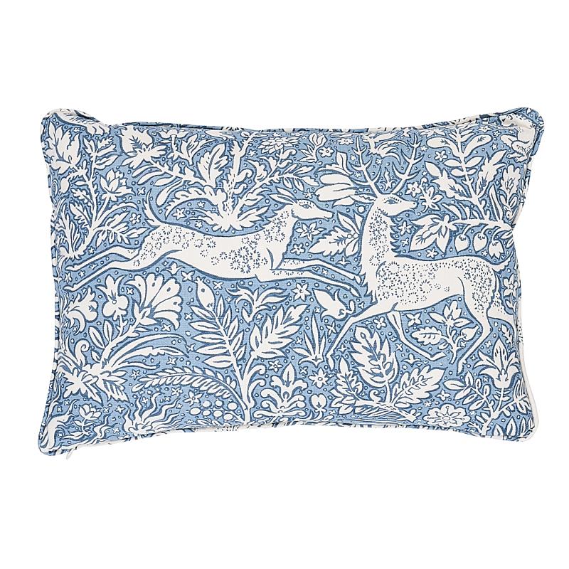 This pillow features Khan's Park with a self welt finish. A veritable bestiary of stylized animals, this linen and cotton blend recalls a medieval tapestry with elongated forms of fauna made into patterns. Tigers and bears, stags and does, peacocks