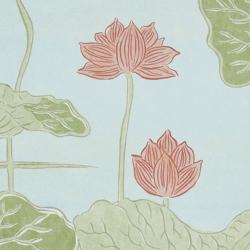 Chinoiserie Schumacher Kireina Lotus Wallpaper Mural in Mineral For Sale