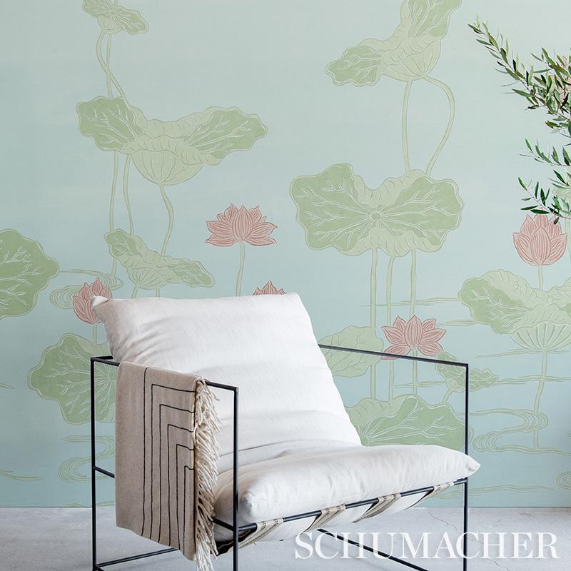 Schumacher Kireina Lotus Wallpaper Mural in Mineral In New Condition For Sale In New York, NY