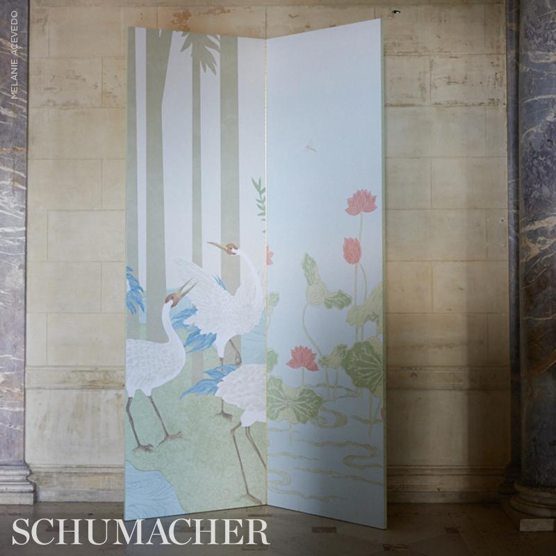 Contemporary Schumacher Kireina Lotus Wallpaper Mural in Mineral For Sale