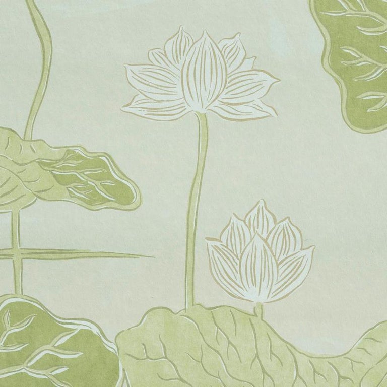Chinoiserie Schumacher Kireina Lotus Wallpaper Mural in White Ivory For Sale