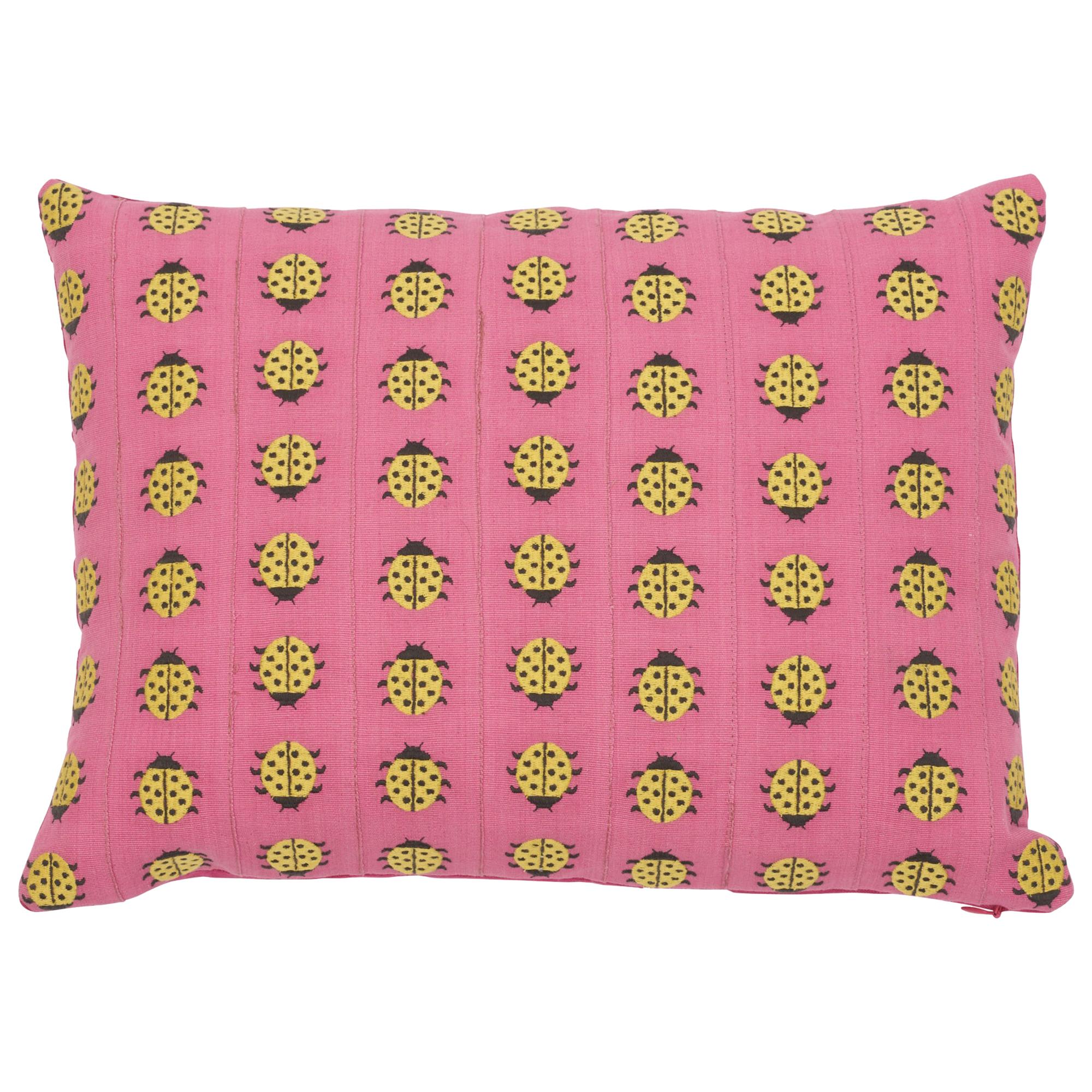 Schumacher Lady Bird Tape Pink Yellow Cotton Lumbar Pillow For Sale