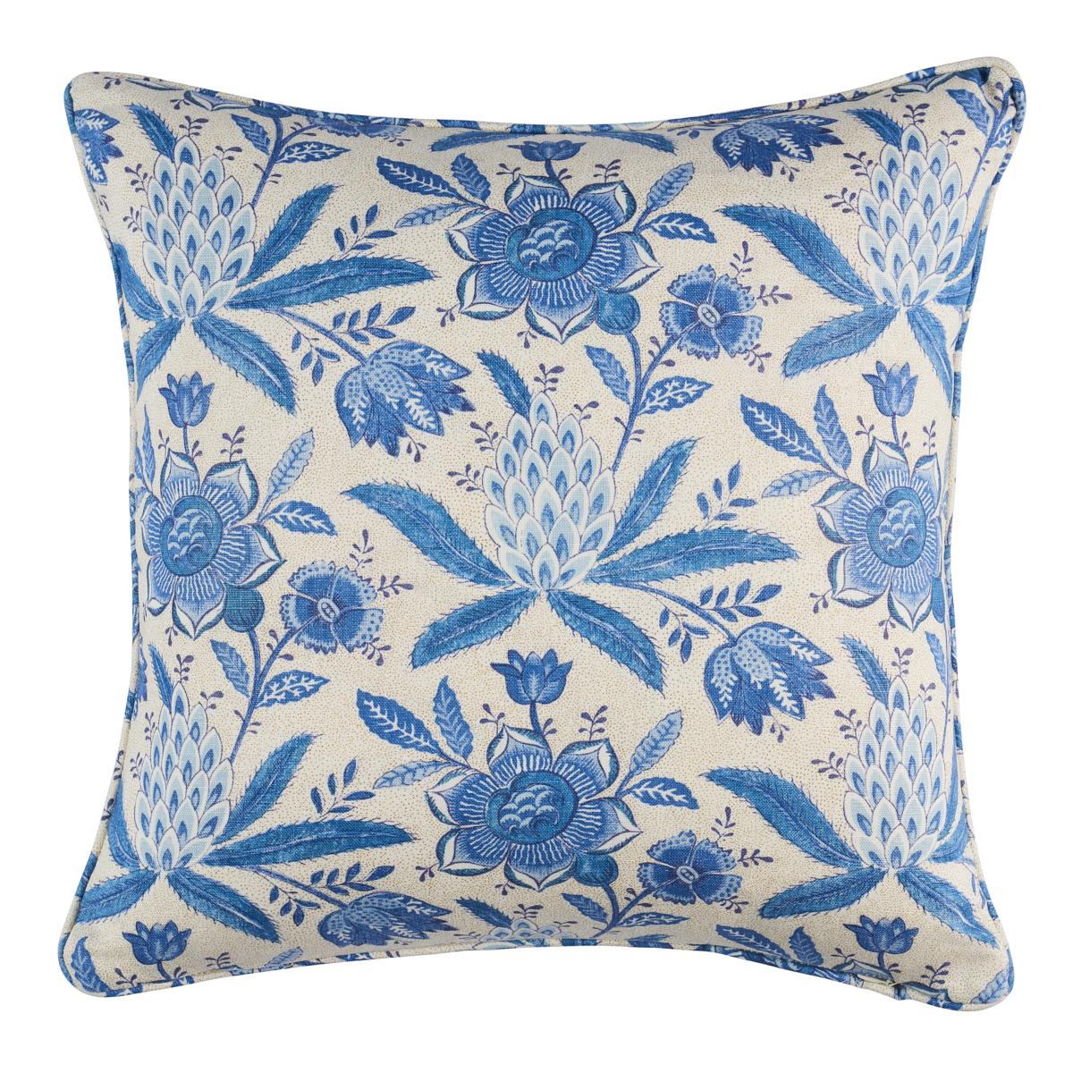 This pillow features Lafayette Botanical with a self welt finish. Inspired by a turn-of-the-18th-century French chintz, Lafayette Botanical in cornflower features an exuberant flower and pineapple print reflecting the European and American affinity