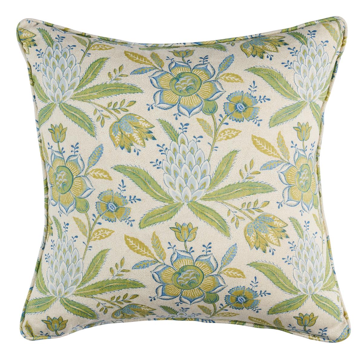 This pillow features Lafayette Botanical with a self welt finish. Inspired by a turn-of-the-18th-century French chintz, Lafayette Botanical in moss features an exuberant flower and pineapple print reflecting the European and American affinity for