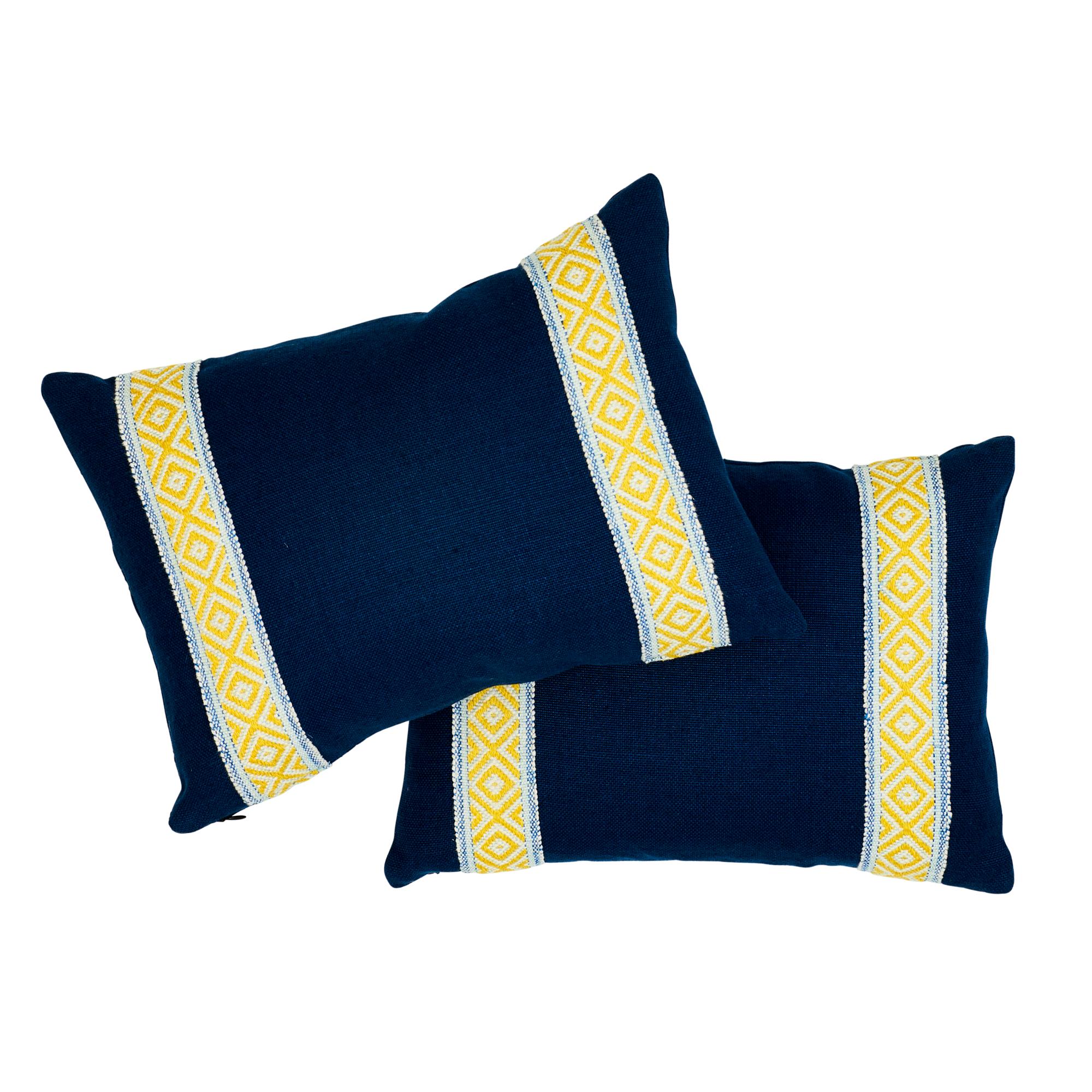 Modern Schumacher Larson Tape & Piet Performance Linen Yellow Blue Two-Sided Pillow For Sale