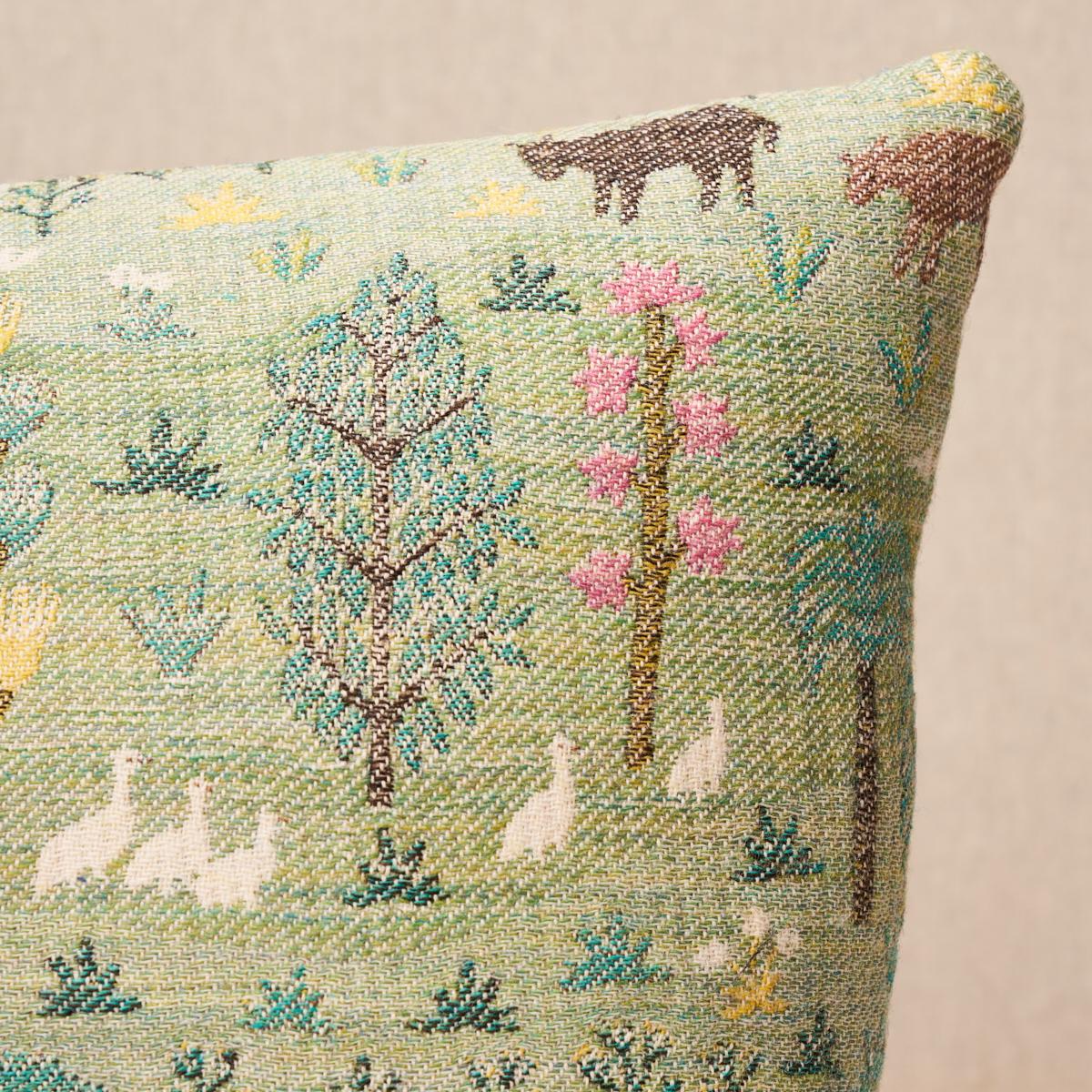 This pillow features Las Colinas Scenic Tapestry with a knife edge finish. Inspired by handwoven textiles from South and Central America, Las Colinas in green is a charming pastoral design that was painted in our studio and translated into a