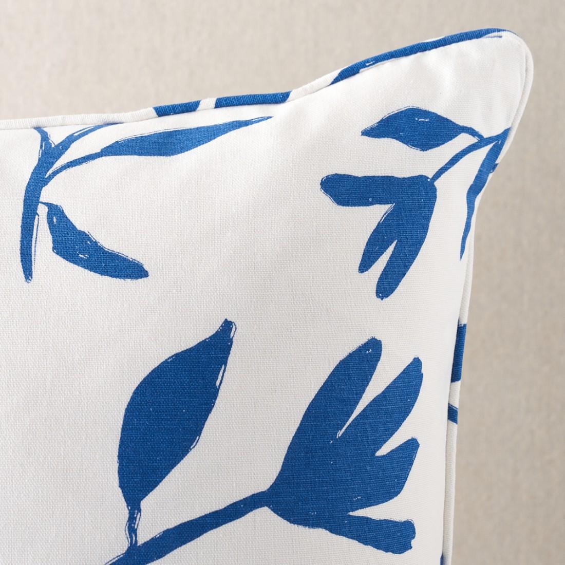 This pillow features Laurel with a knife edge finish. Laurel is a lovely loose botanical fabric design that features painterly, floating silhouettes of small leafy sprigs. Screen-printed on a soft cotton-linen union cloth ground, this allover