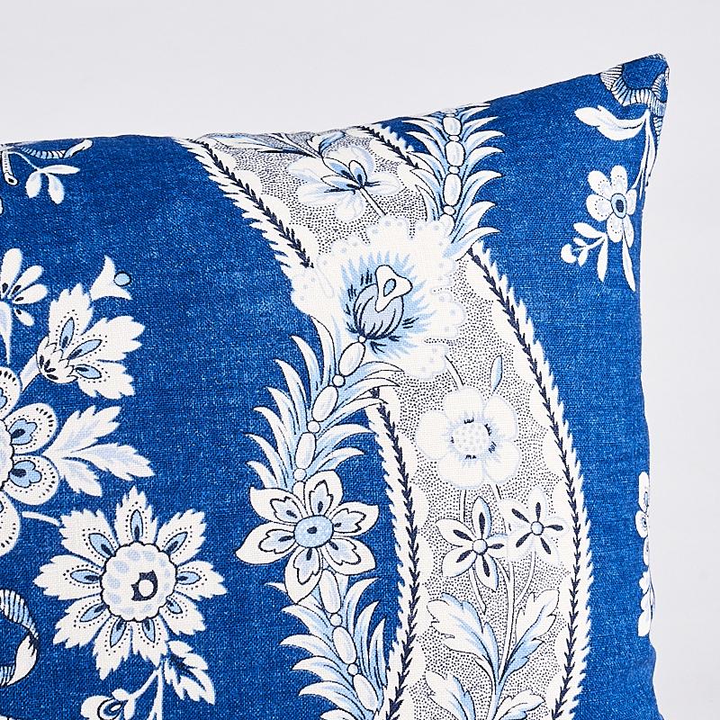 This pillow features Le Castellet with a knife edge finish. Based on a classic Proven√ßal motif, Le Castellet is a printed linen ogee composed of a traditional floral and ribbon pattern, recast in pared-down color combinations. Pillow includes a