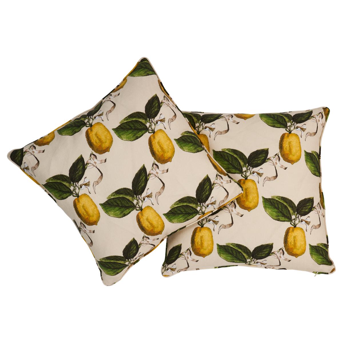 This pillow features Le Citron by Johnson Hartig for Libertine for Schumacher with a self welt finish. Le Citron in natural is a wonderfully charming fabric design by Johnson Hartig of Libertine. Printed on pure linen, this whimsical lattice of