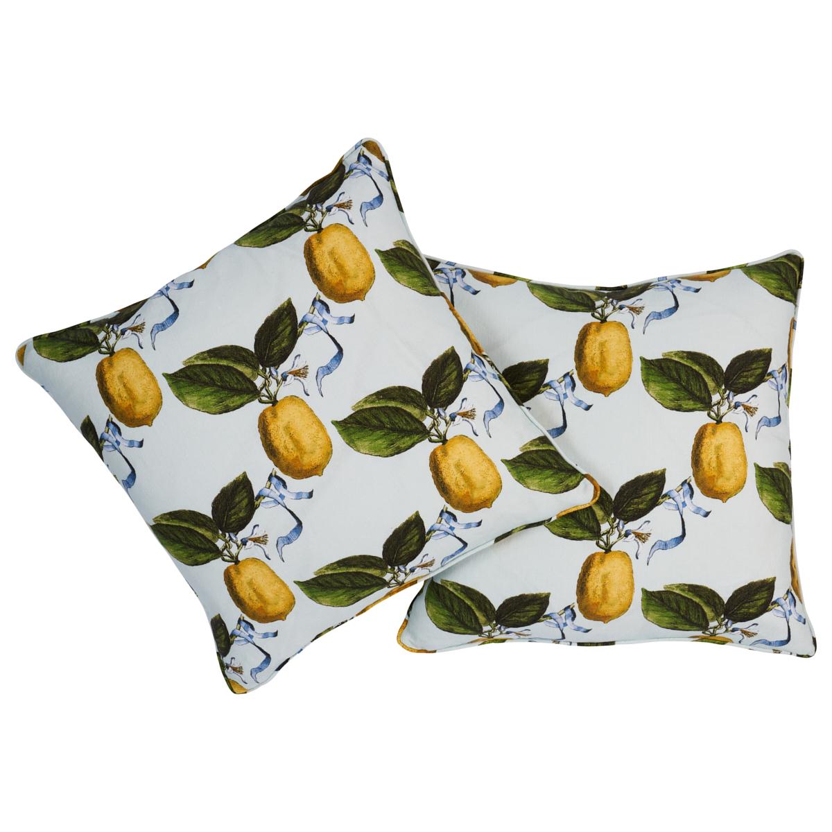 This pillow features Le Citron by Johnson Hartig for Libertine for Schumacher with a self welt finish. Le Citron in sky is a wonderfully charming fabric design by Johnson Hartig of Libertine. Printed on pure linen, this whimsical lattice of leafy