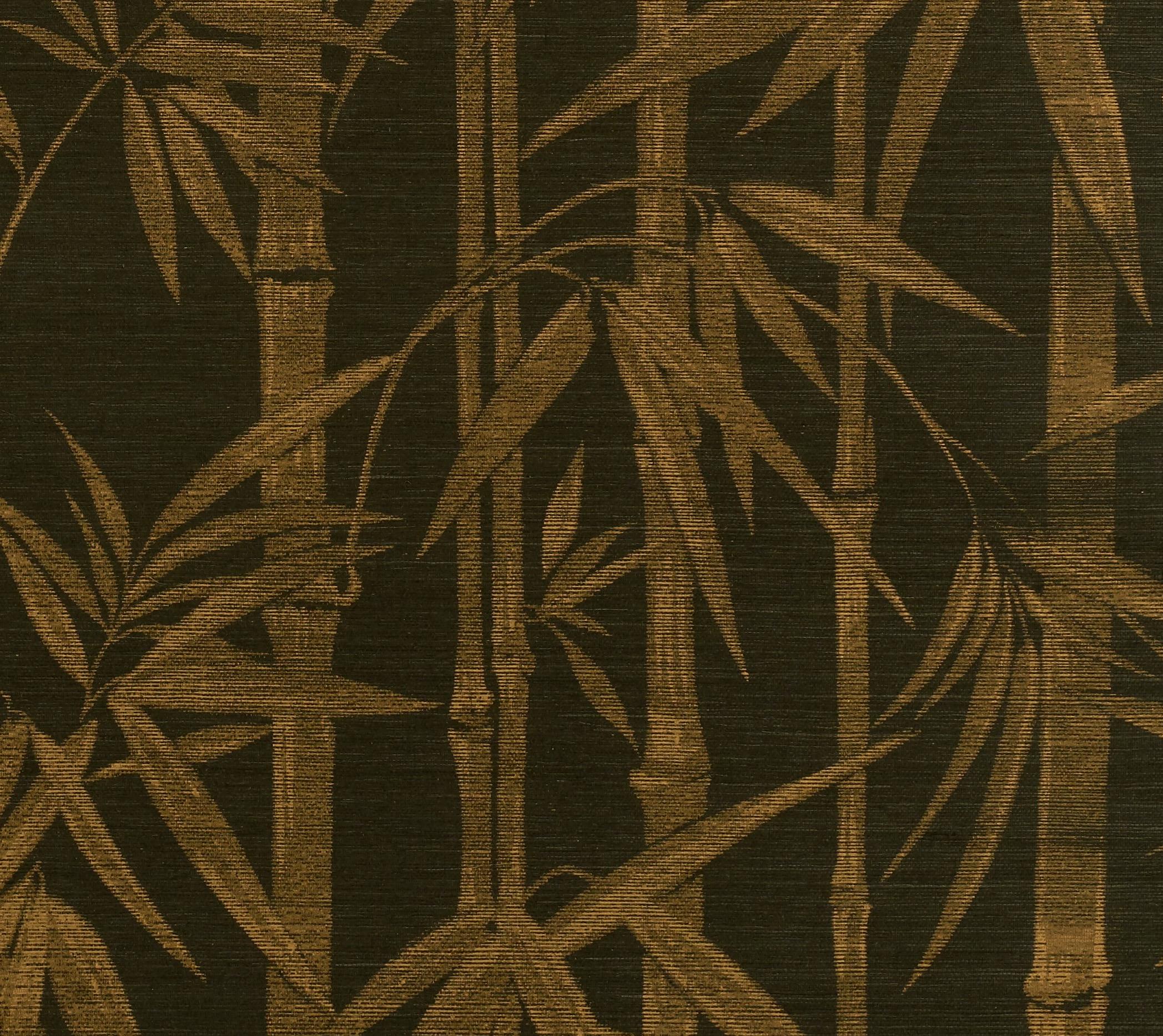 Modern Schumacher Les Bambous Sisal Botanical Hand-Printed Wallpaper in Gold on Jet For Sale