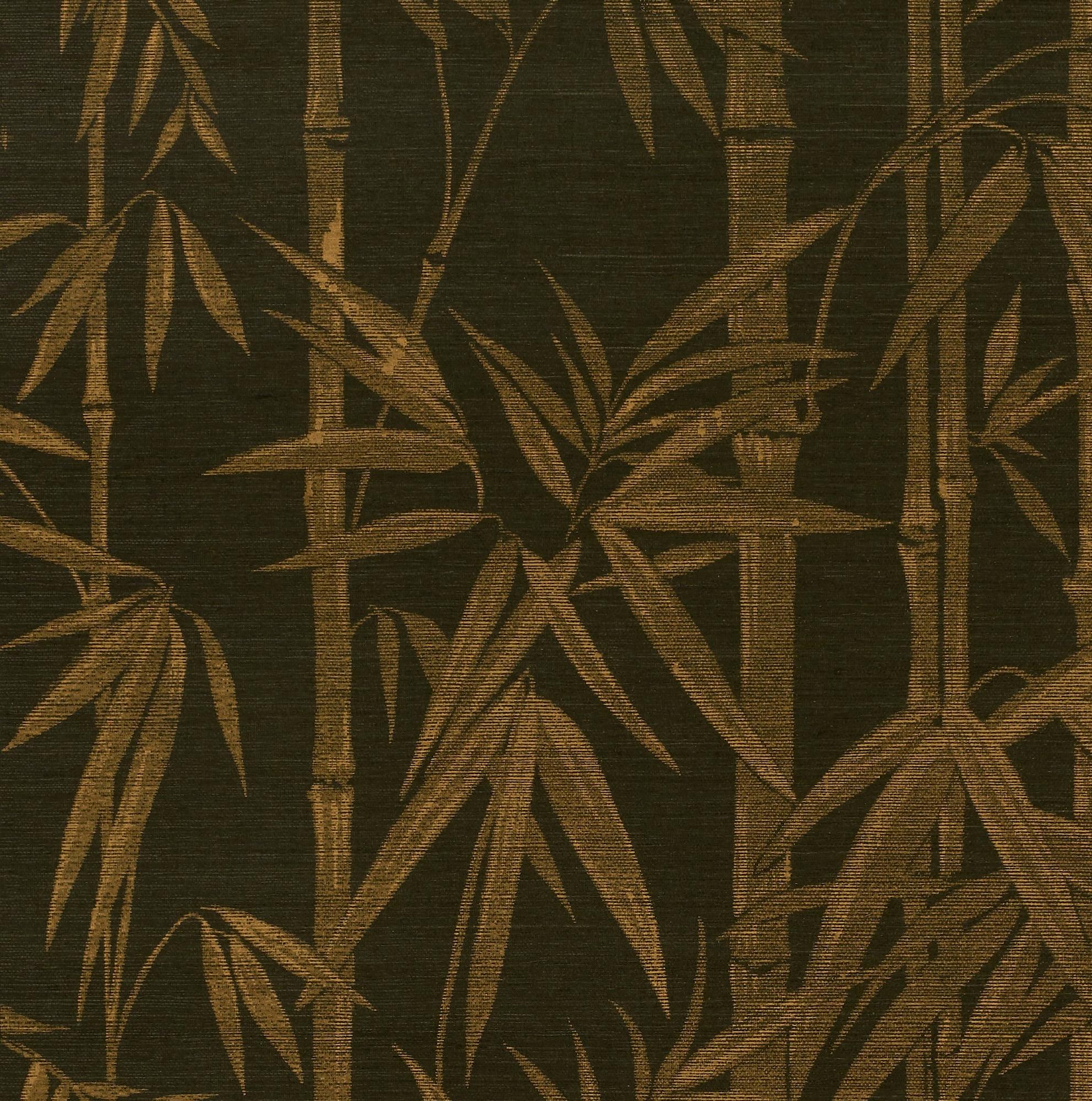American Schumacher Les Bambous Sisal Botanical Hand-Printed Wallpaper in Gold on Jet For Sale