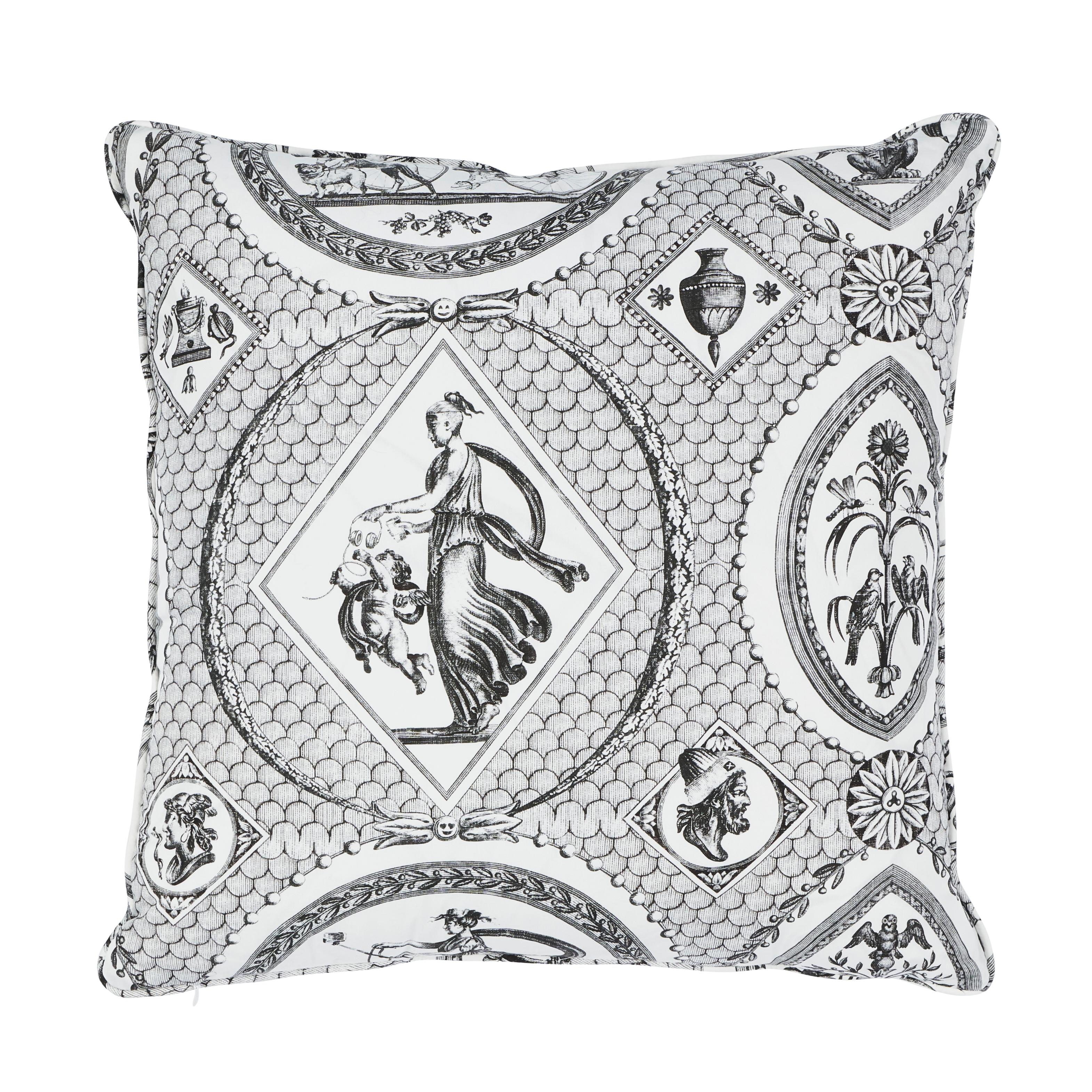 This pillow features Les Scenes Contemporaines with a self welt finish. For a tongue-in-cheek take on antiquity, our in-house artists modernized an 18th-century Jean-Baptiste Hu√´t pattern by seamlessly embedding playful contemporary