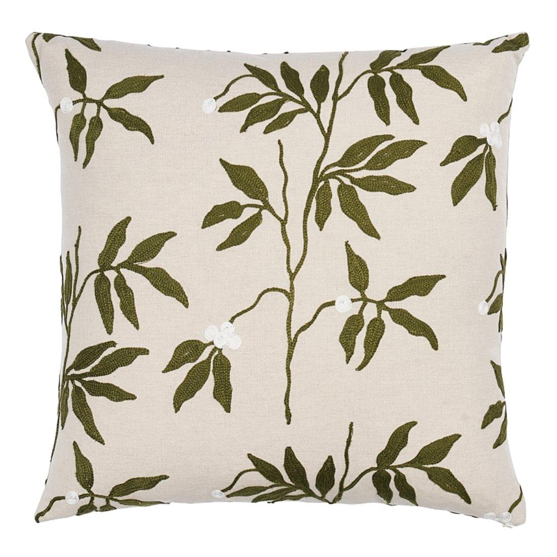 Schumacher Lillia Embroidery 20" Pillow in Olive on Neutral For Sale
