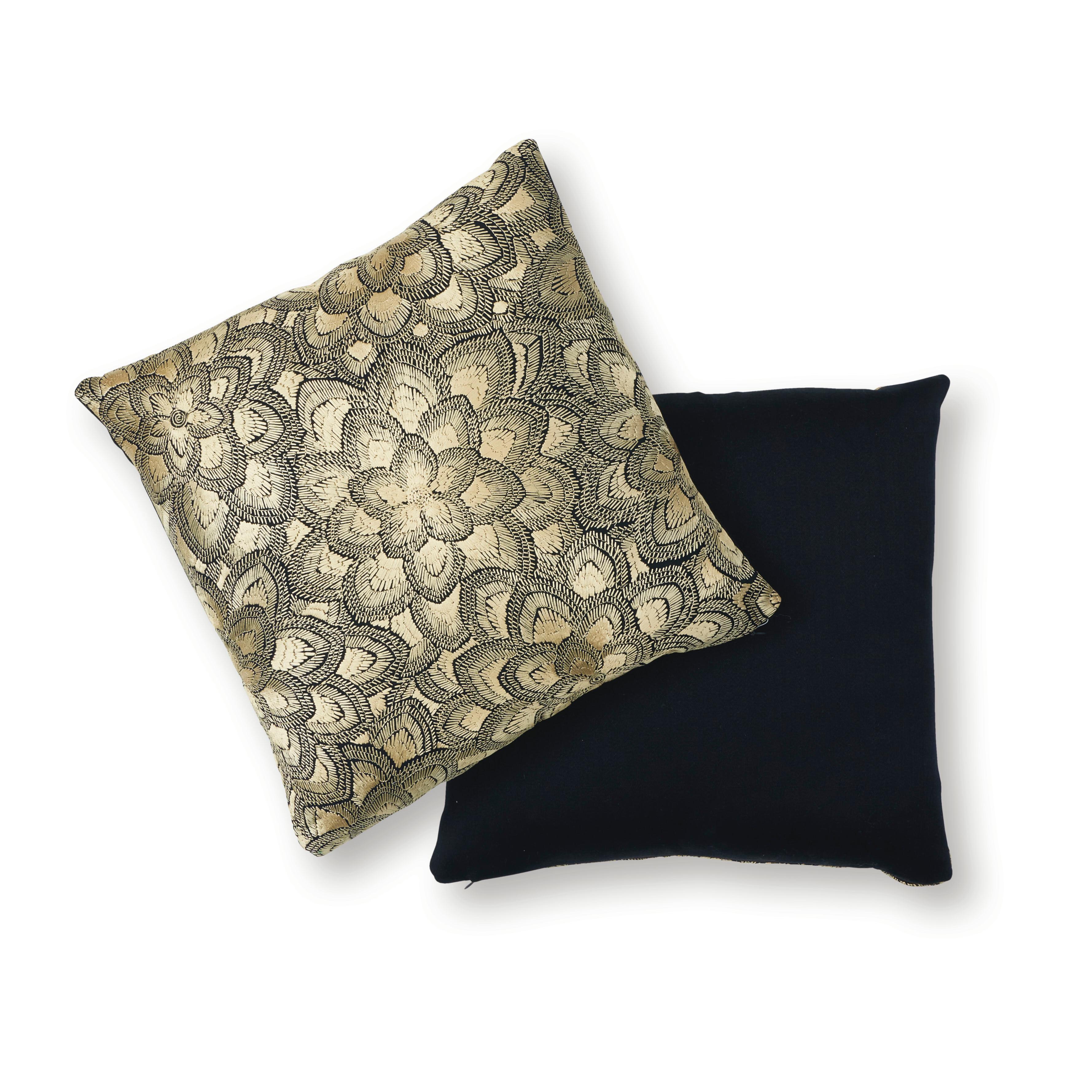 Modern Schumacher Lotus Embroidery Pillow in Gold For Sale