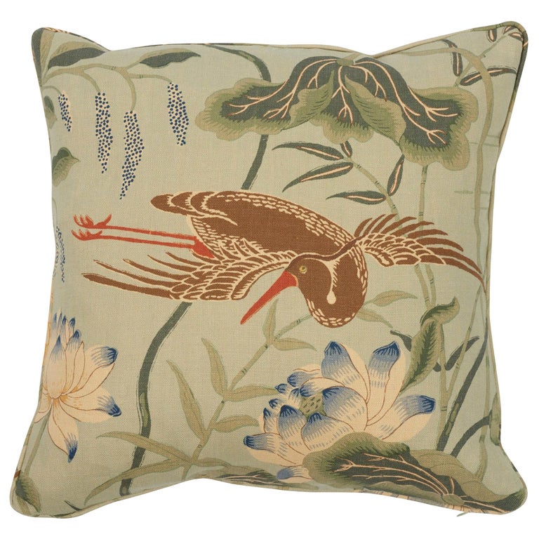 Schumacher Lotus Garden Aqua TwoSided Linen Pillow at 1stDibs
