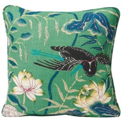 Schumacher Lotus Garden Japanese Floral Jade Green Linen Two-Sided 18" Pillow