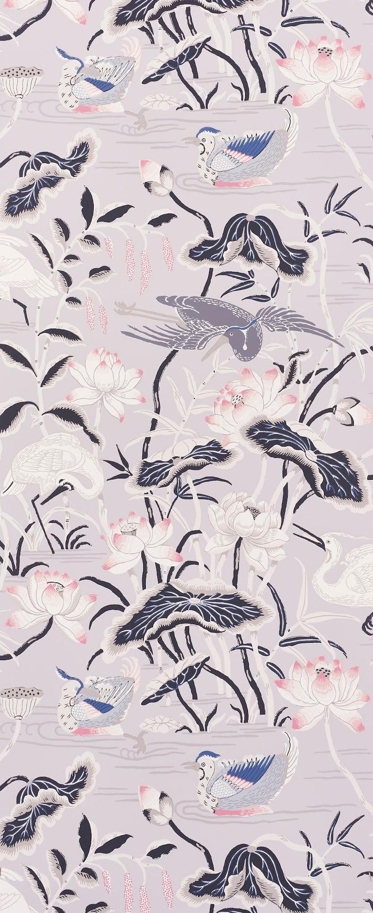 Schumacher Lotus Garden Japanese Natural Motif Lilac Wallpaper For Sale