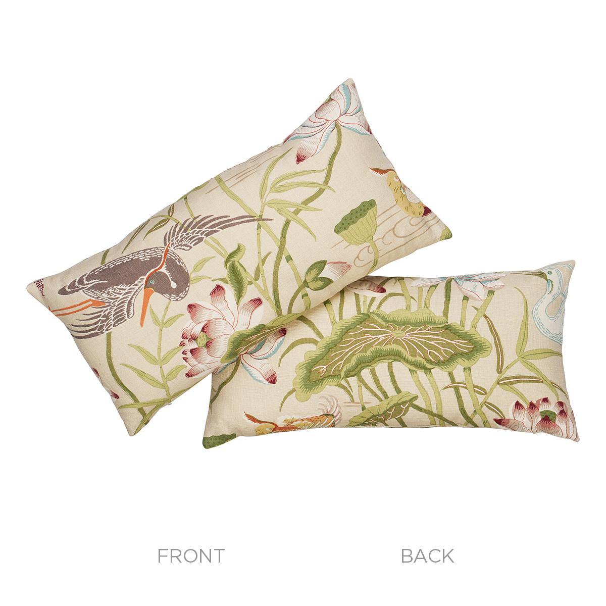 This pillow features Lotus Garden with a self welt finish. Lotus Garden is an enchanting pattern recreated from a 1920s document in our archives. The masterful design is an ode to Japanese natural motifs. Pillow includes a feather/down fill insert
