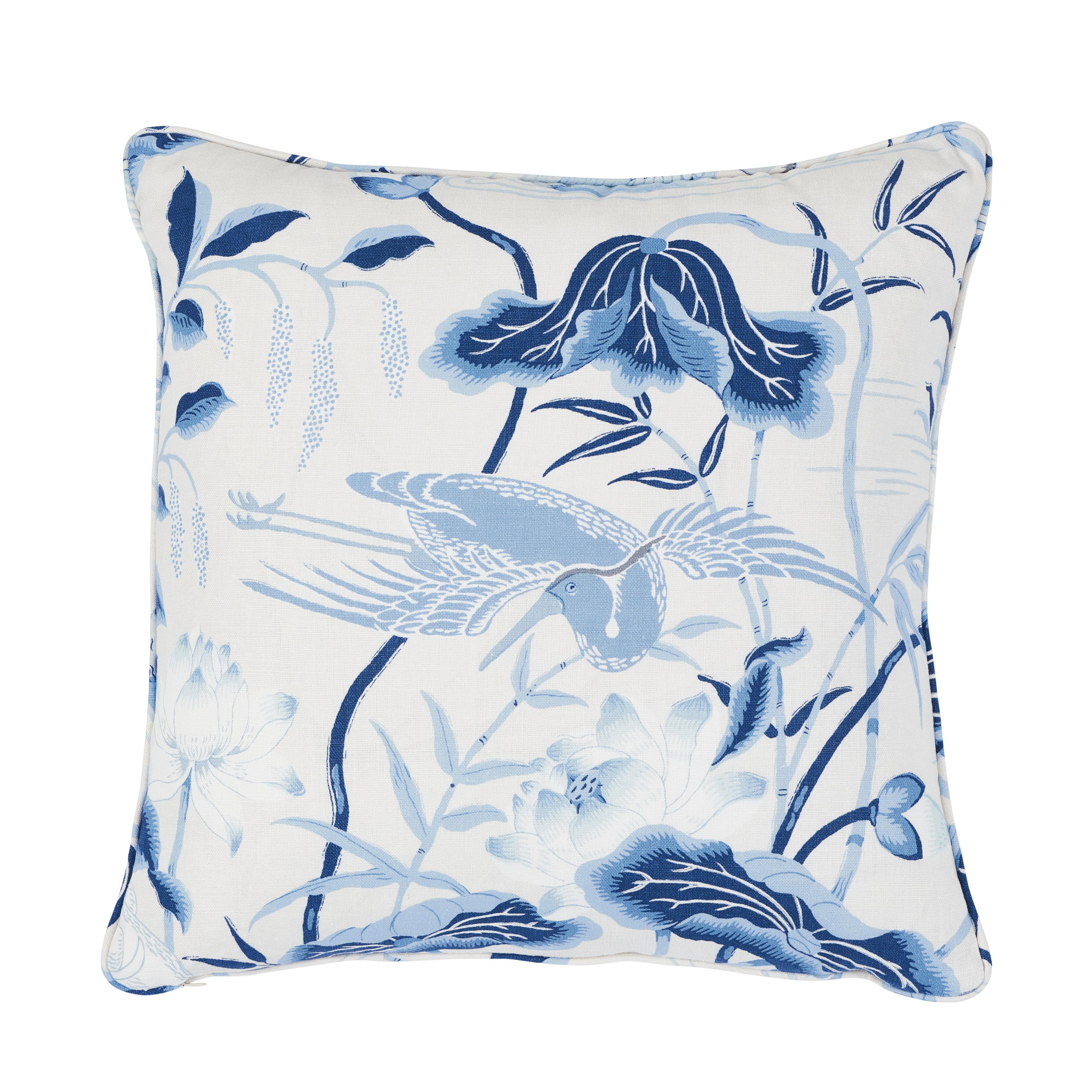 This pillow features Lotus Garden with a self welt finish. An enchanting pattern recreated from a 1920s document in our archives. The masterful design is an ode to Japanese natural motifs. Pillow includes a feather/down fill insert and hidden zipper