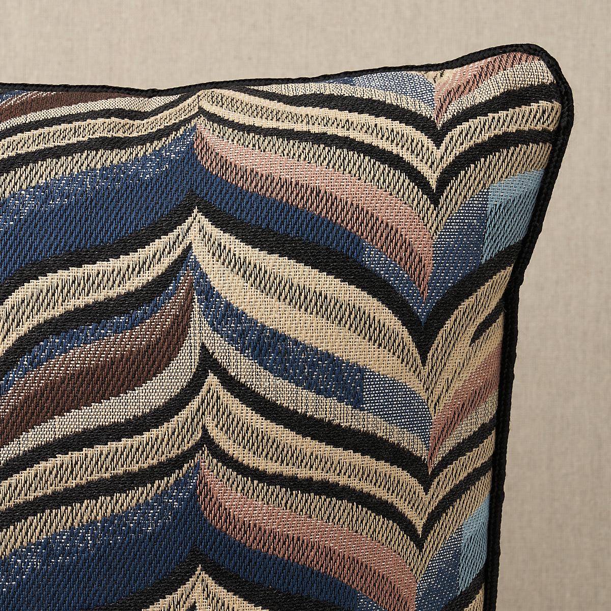 This pillow features Loulou. An elegant abstract design inspired by classic bargello tapestries, Loulou fabric in opal is a textural tour de force that combines several different weave structures for a stunning effect. Pillow is finished with a welt