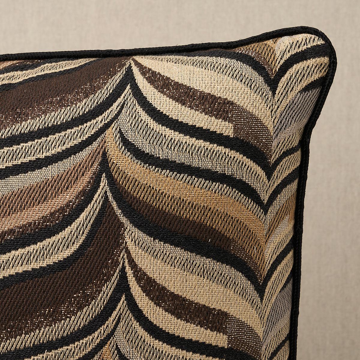 This pillow features Loulou. An elegant abstract design inspired by classic bargello tapestries, Loulou fabric in smoky quartz is a textural tour de force that combines several different weave structures for a stunning effect. Pillow is finished
