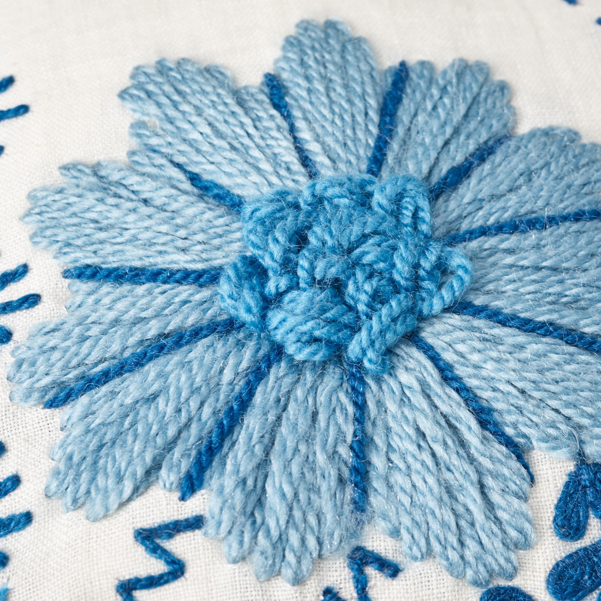 Indian Schumacher Marguerite Embroidery II Sky Wool Linen Pillow For Sale