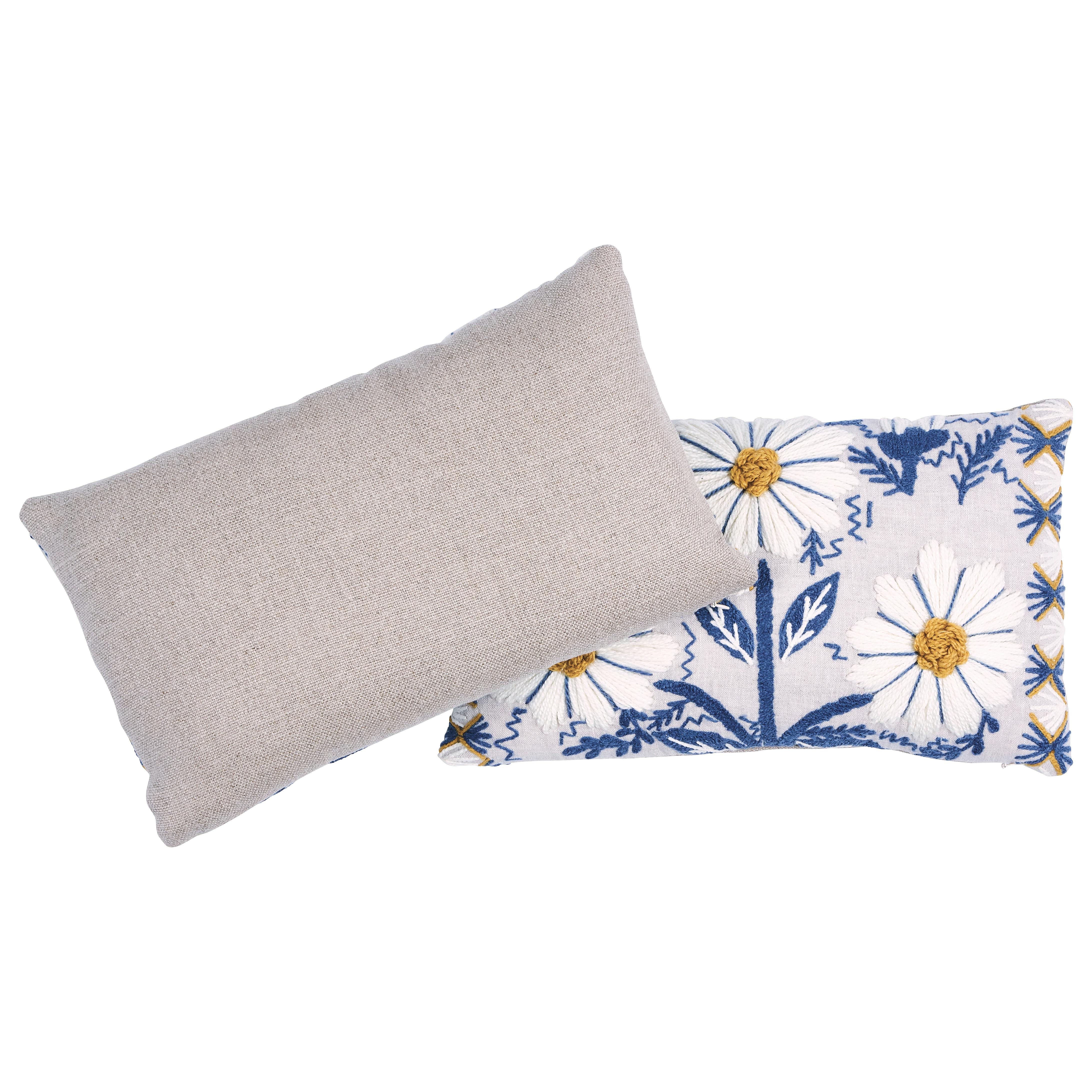 Other Schumacher Marguerite Embroidery Pillow in Blue & Ochre For Sale