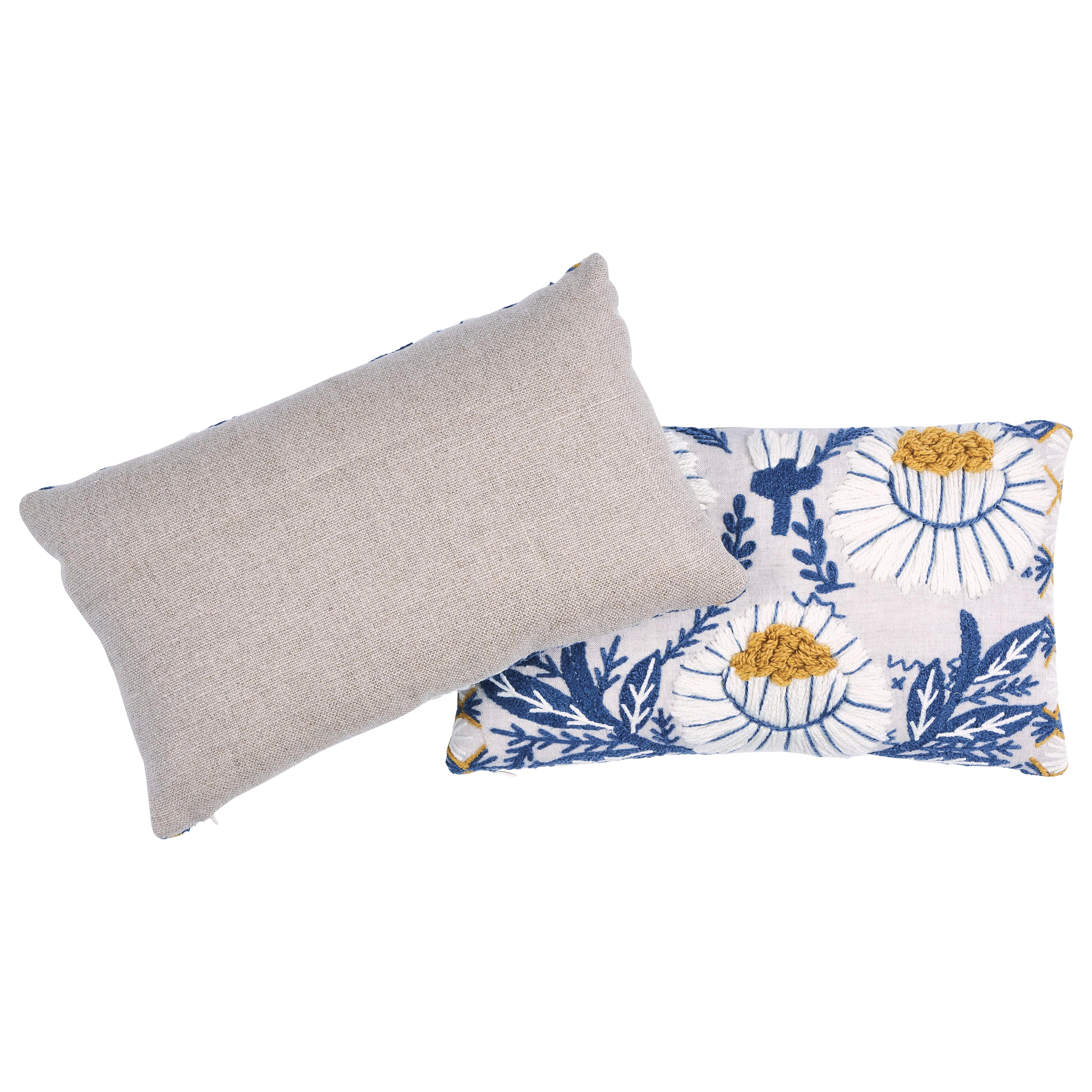 Other Schumacher Marguerite Embroidery Pillow in Blue & Ochre For Sale