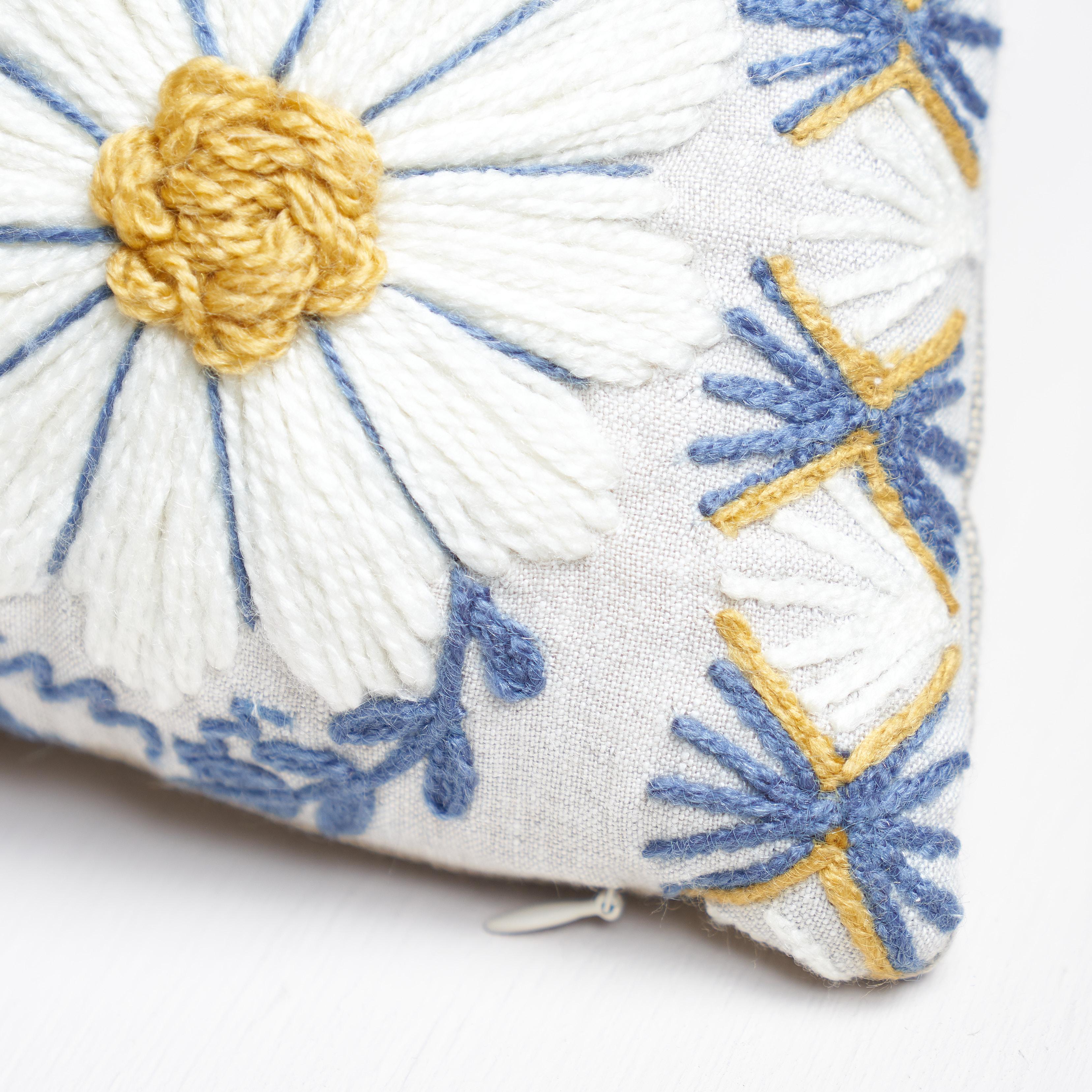 Indian Schumacher Marguerite Embroidery Pillow in Blue & Ochre For Sale