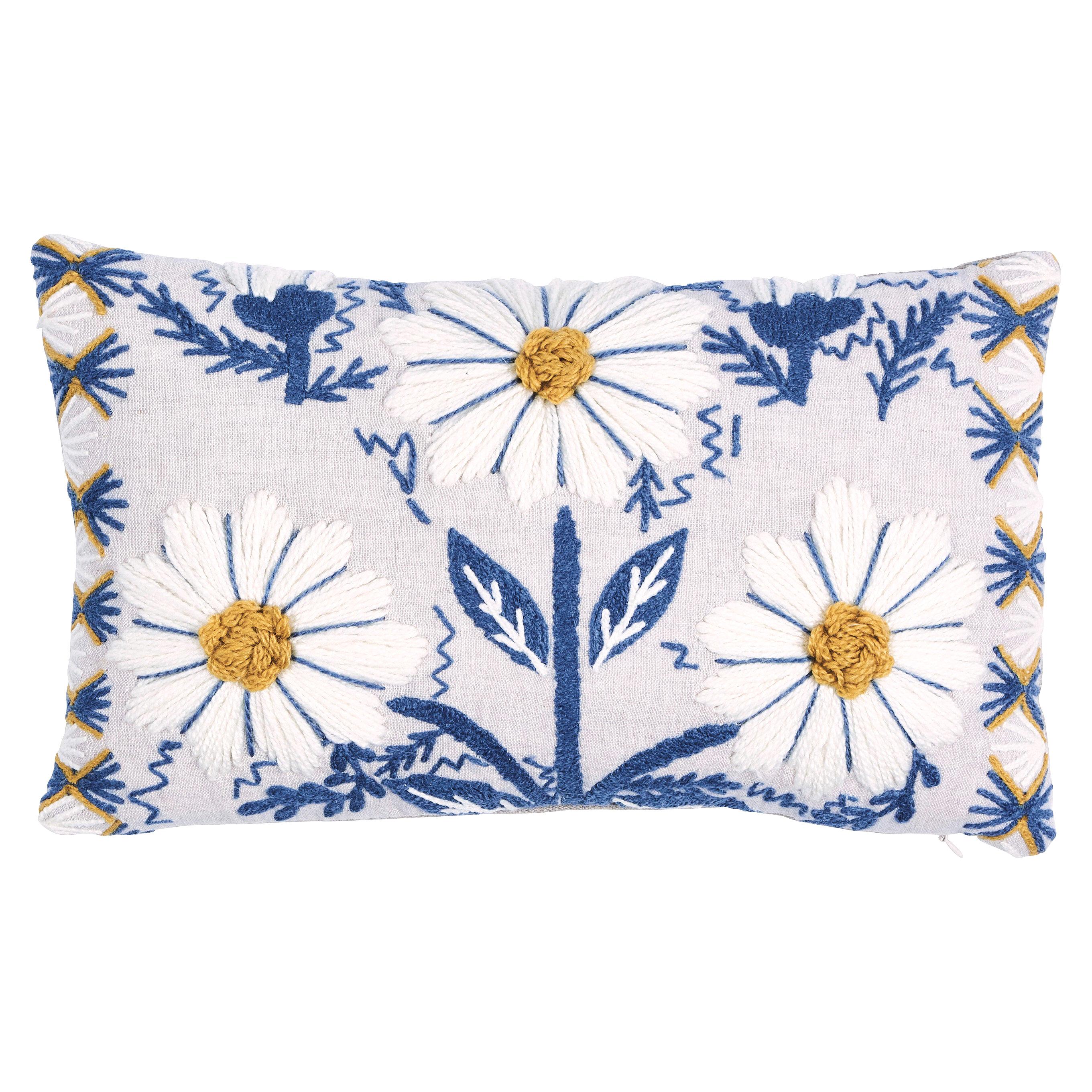 Schumacher Marguerite Embroidery Pillow in Blue & Ochre For Sale