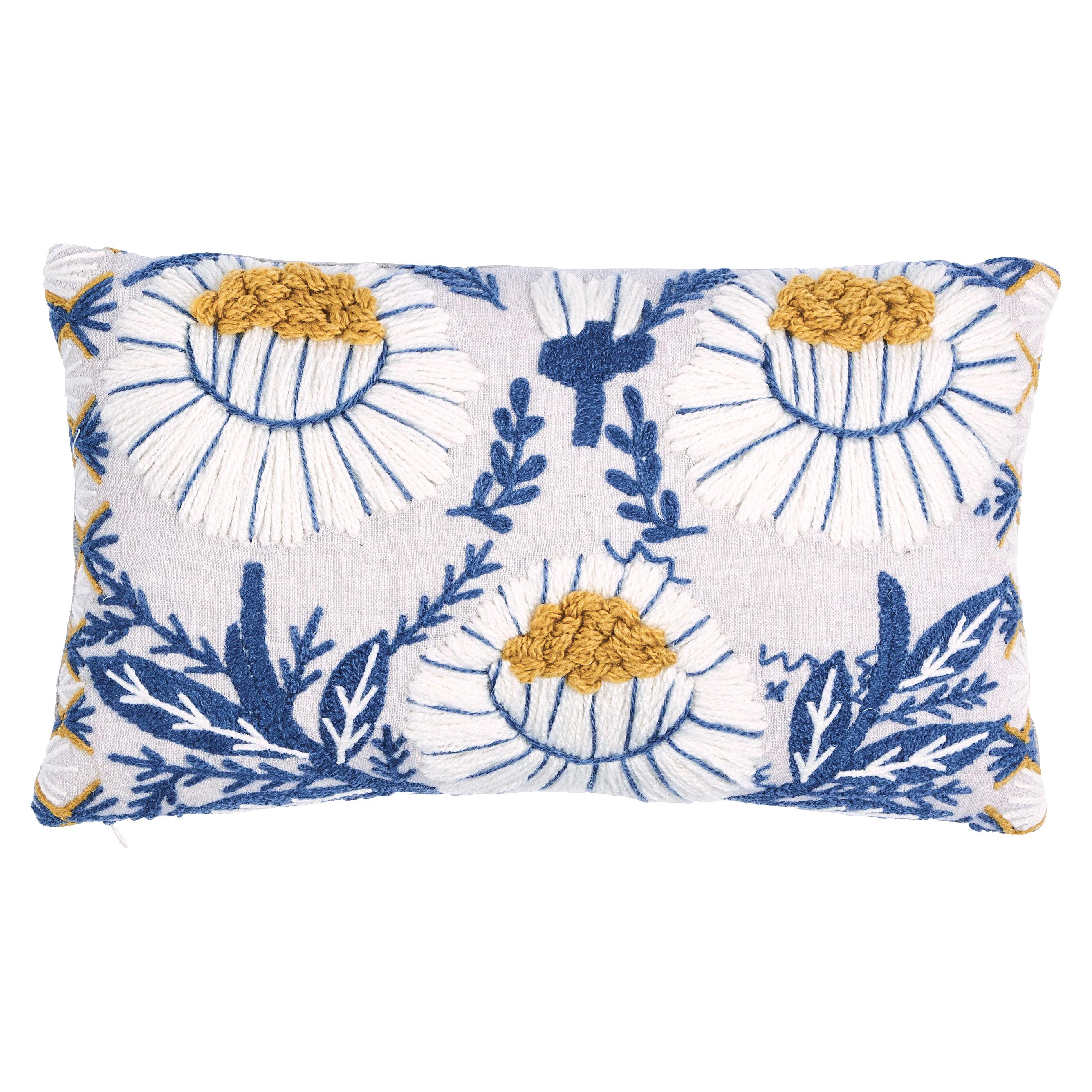 Schumacher Marguerite Embroidery Pillow in Blue & Ochre For Sale