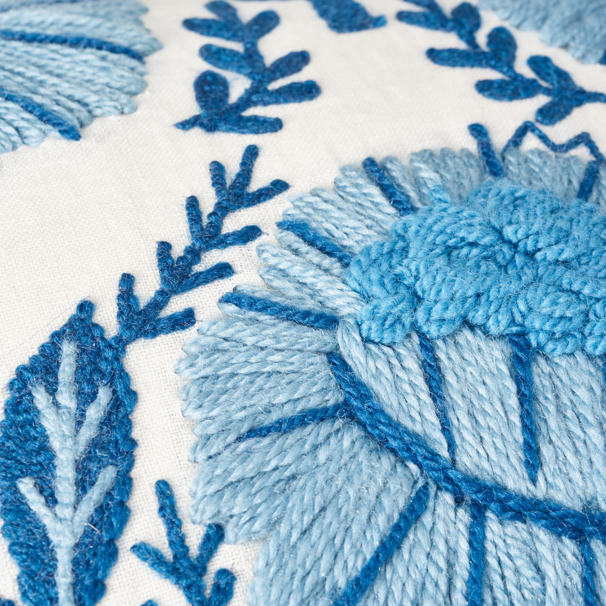 Modern Schumacher Marguerite Embroidery Sky Linen Wool Pillow For Sale