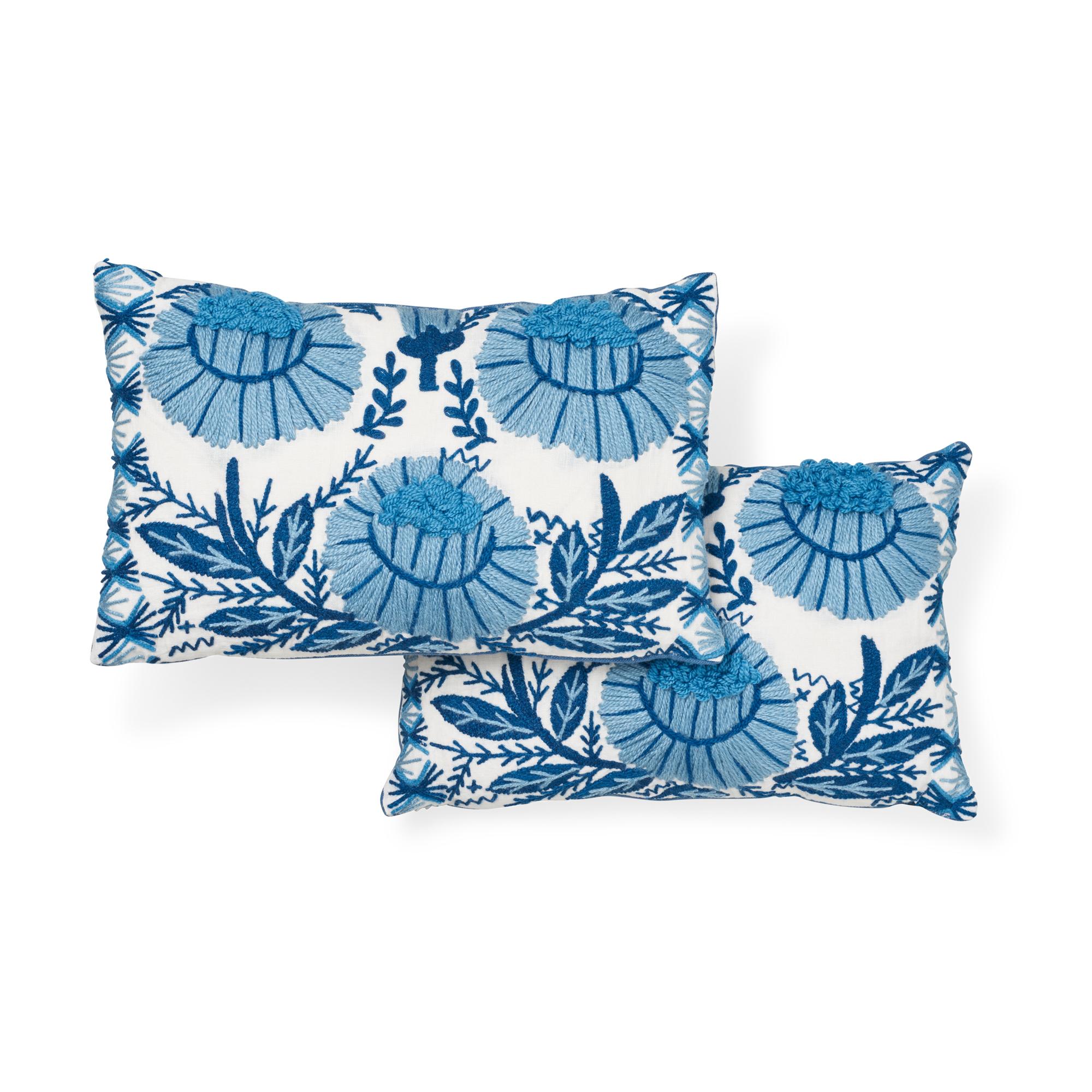 Indian Schumacher Marguerite Embroidery Sky Linen Wool Pillow For Sale