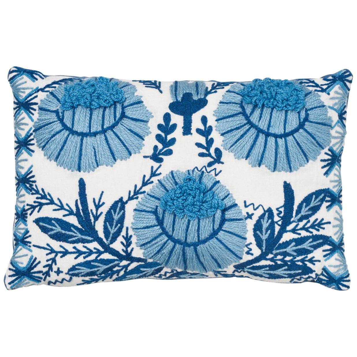 Schumacher Marguerite Embroidery Sky Linen Wool Pillow For Sale