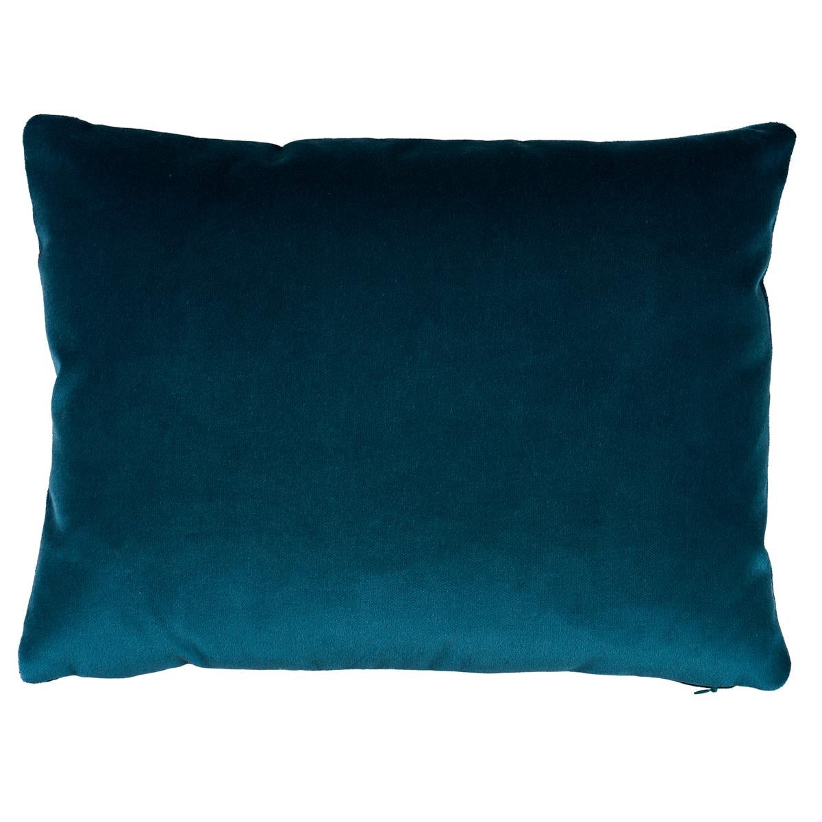 This pillow features Marion Velvet Tape with a knife edge finish. A scrolling leaf pattern in jacquard cut velvet gives this sky-colored accessory a luster that's positively luxurious and absolutely chic. Body of pillow is Rocky Performance Velvet.