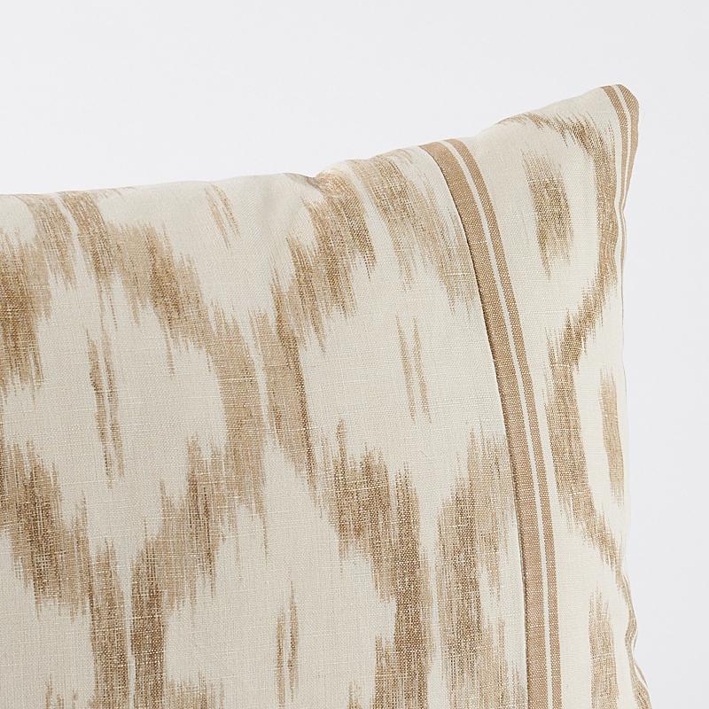 This pillow features Santa Monica Ikat Fabric (Item# 176500) by Mark D. Sikes for Schumacher with a Knife Edge finish. This artisanally crafted pattern puts a fresh spin on an archival ikat. Pillow includes a feather/down fill insert and hidden