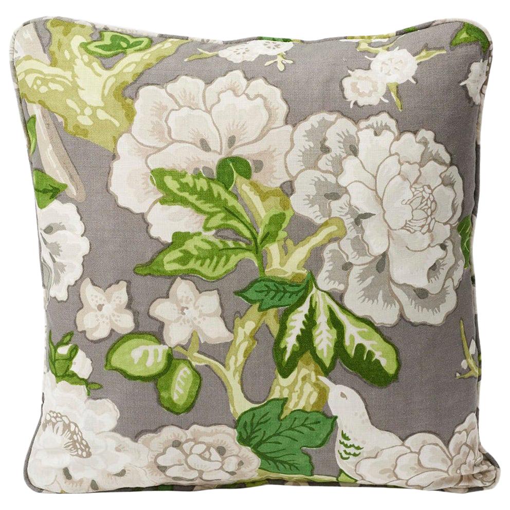 Schumacher Mary McDonald Bermuda Blossoms Slate Gray Two-Sided 18" Linen Pillow For Sale