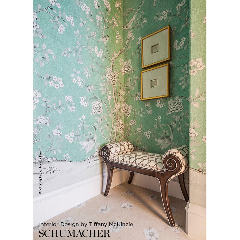 Chinoiserie Schumacher by Mary McDonald Chinois Palais Wallpaper Mural in Aquamarine For Sale