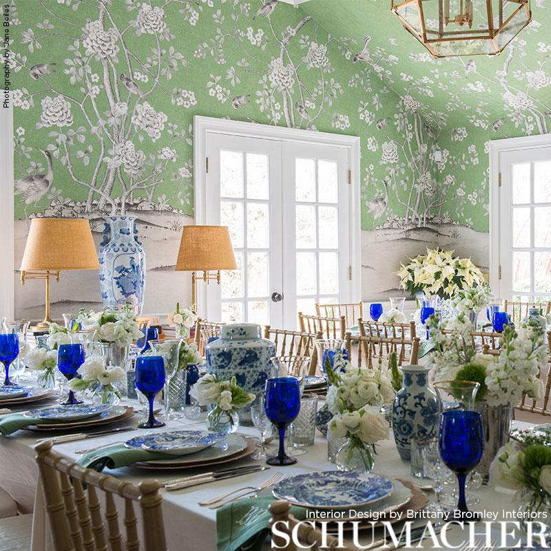 British Schumacher by Mary McDonald Chinois Palais Wallpaper Mural in Aquamarine For Sale